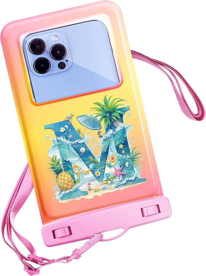 Personalized Initial Waterproof Phone Pouch Case - IPX8 Cellphone Dry Bag with Lanyard for iPhone 16/15/14/13/12 Pro Max (6.1–6.9"), Beach & Cruise Ship Essentials with Monogrammed Design (Pink, M)