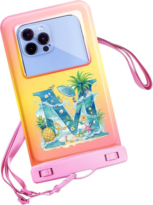 Personalized Initial Waterproof Phone Pouch Case - IPX8 Cellphone Dry Bag with Lanyard for iPhone 16/15/14/13/12 Pro Max (6.1–6.9"), Beach & Cruise Ship Essentials with Monogrammed Design (Pink, M)