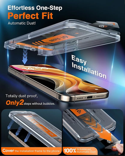 LK 2 Pack for iPhone 17/17 Pro / 16 Pro Screen Protector Tempered Glass, Military Grade Shatterproof [Auto Dust-Elimination, 0 Dust & Bubbles] Anti-Scratch, Max Coverge Screen Protector