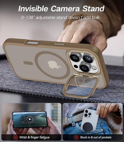 [Upgraded] for iPhone 16 Pro Case with Camera Cover Stand [Fit for MagSafe][9H Camera Lens Protector] Mil-Grade Protection Translucent Matte Magnetic iPhone 16 Pro Phone Case, Rose Gold