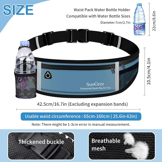 SooGree Men Women Running Belt Fanny Pack,Reflective Workout Sport Waist Pack Bag,Running Phone Holder Belt with Water Bottle Holder, Ideal for Running,Walking,Cycling,Gym Workouts (GSP8803-Blue)