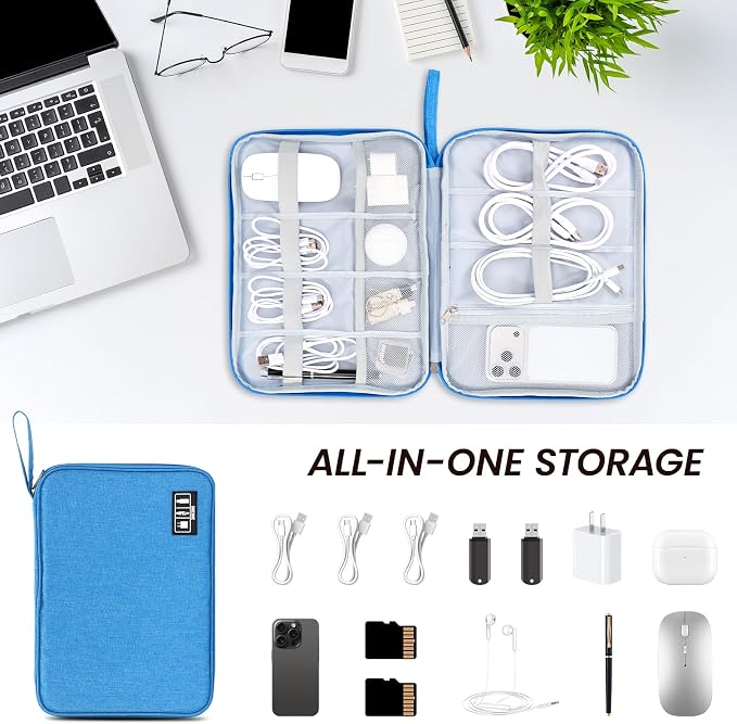 Large Slim Cable Organizer Travel Case, Single-Layer Electronic Accessories Pouch for Chargers, Cords, Power Bank, Mouse and SD Cards, 12.6 x 9.45 x 1.57 Inches
