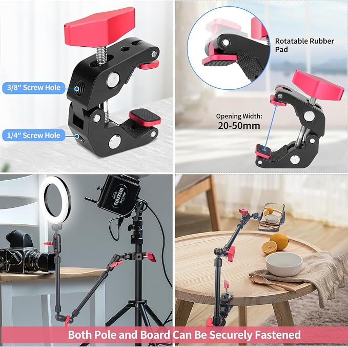 HEMMOTOP 22in Magic Arm with Clamp, Long Articulating Arm Camera Mount, Adjustable Phone Mount Holder 360° Rotation, Mic Arm for Microphone, LED Lights, for iPhone, Tripod, Desk, Table