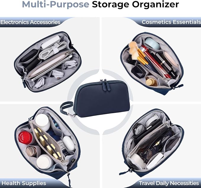 FYY Travel Cable Organizer - 8 Compartments, Lightweight, Water Repellent | With Wrist Strap, Portable Tech Pouch for Cord Charger, Travel and Business Trips Use, Soft Shell Nylon, Navy (Small)