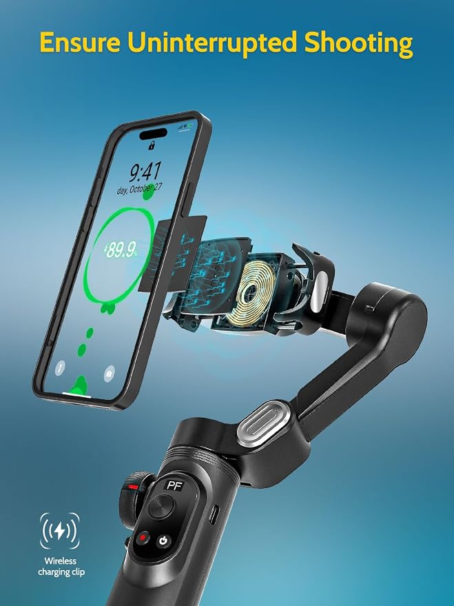 AOCHUAN Gimbal Stabilizer for iPhone Gimbal with Wireless Charging Smartphone for iPhone 15 Pro Max/Android Foldable 3-Axis Handheld Phone Stabilizer for Video Recording Face Tracking-Smart X Pro
