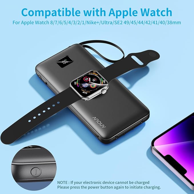 Portable Charger 10000mAh 22.5W PD 3.0+QC 4.0 Super Fast Charging Power Bank, Built-in Cables & AC Wall Plug & Magnetic Wireless iWatch Charger, USB-C Battery Pack for iPhone/Samsung/Apple Watch, etc