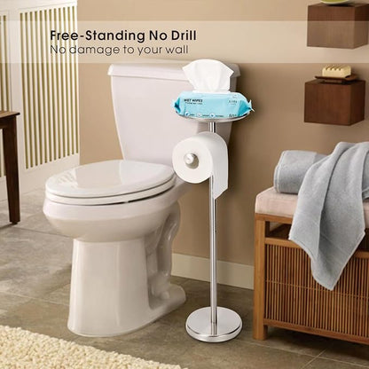 Standing Toilet Paper Holder, TP Holder with Practical Tray On Top for Phone, No Drill No Damage to Wall, Stainless Steel (Brushed Nickel)