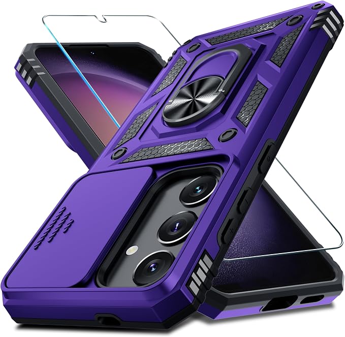 Janmitta Compatible with Samsung Galaxy S25 Plus/S24 Plus Case Built in Slide Camera Lens Cover+Screen Protector+Finger Ring Holder Kickstand,Heavy Duty Shockproof Full Body Phone Cover,Purple