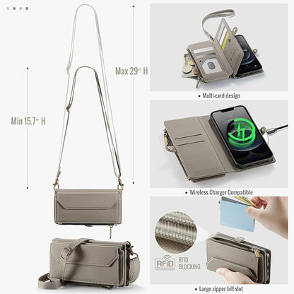 Strapurs Crossbody Wallet Case Compatible with iPhone 17e / iPhone 16e RFID Blocking 7-Card Holder PU Leather Magnetic Snap Shoulder Strap Zipper Pocket Phone Cases for iPhone 17e / 16e - Grey