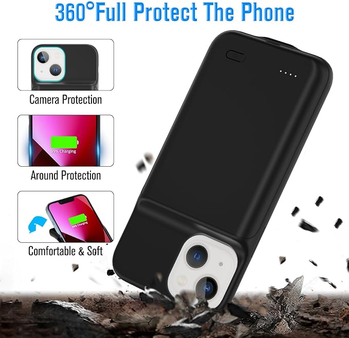 Gladgogo Charging Case for iPhone 13, Real 6000mAh Powerful Smart Battery Case Charger Ultra Slim Portable External Battery Pack Compatible with 13, 6.1 inch, Black