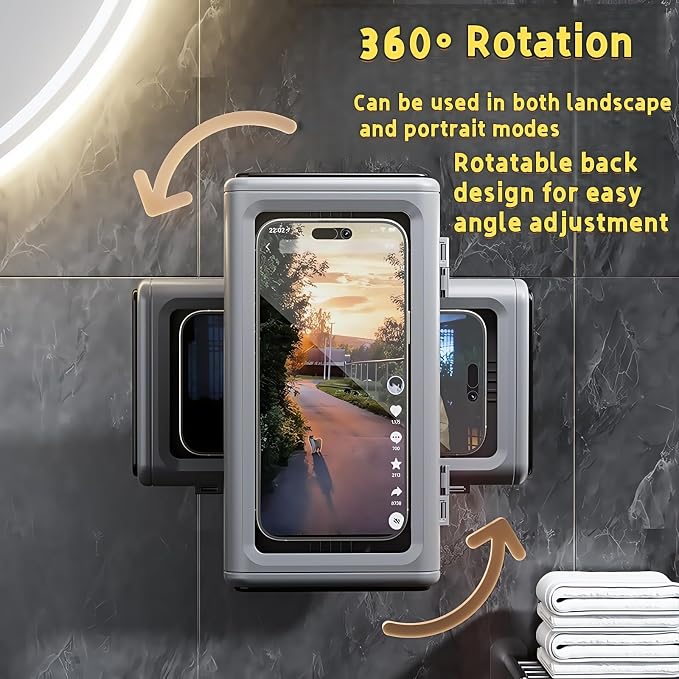 360° Shower Phone Holder Waterproof with Rotating Mount - Shower Phone Pouch for 4-7 Inch Devices - Adjustable, Touchscreen-Friendly, No-Drill Design for Bathroom, Kitchen & Gym