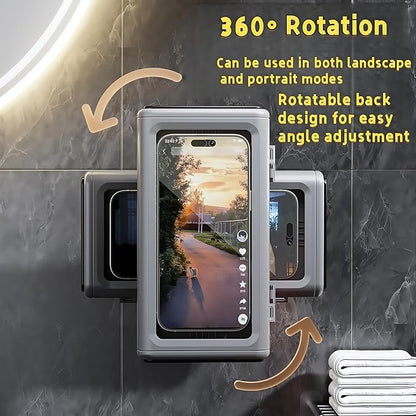 360° Shower Phone Holder Waterproof with Rotating Mount - Shower Phone Pouch for 4-7 Inch Devices - Adjustable, Touchscreen-Friendly, No-Drill Design for Bathroom, Kitchen & Gym