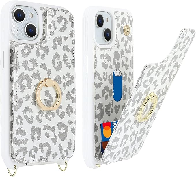 Lipvina for iPhone 13 Case with Card Holder for Women,Phone Case with Strap,Crossbody Lanyard,RFID Blocking,Ring Stand,Snap Clasp,Cute Wallet Cases for iPhone 13 6.1 inch(White Leopard)