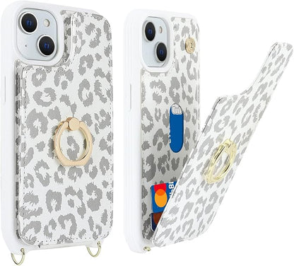 Lipvina for iPhone 14 Case with Card Holder and Strap for Women,Crossbody Lanyard,RFID Blocking,Ring Stand,Snap Clasp,Cute Phone Wallet Cases 6.1 inch(White Leopard)