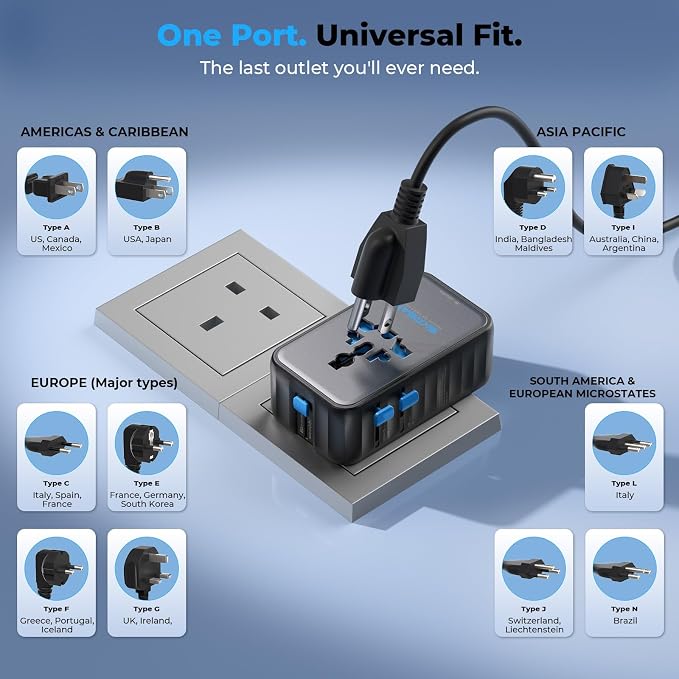 Aura 70W Ultra-Slim Universal Travel Adapter, 36mm Thin 6-in-1 International Plug, PD Fast Power Converter for Phone, iPad, Laptop, Worldwide Charger for EU/UK/AUS/AS/USA (Midnight Black)