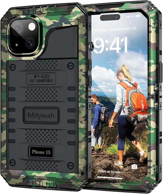 Mitywah Waterproof Case for iPhone 15, Heavy Duty Shockproof Case with Built-in Screen Protector, Full Body Underwater Protective Metal Case 6.1 inch, Camouflage