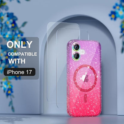 Choiche Magnetic for iPhone 17 Case Compatible with MagSafe, Women Cute Glitter Sparkly Phone Case with Diamond Camera Lens Protectors, Military-Grade Drop Protection 6.3" (Purple/Pink)