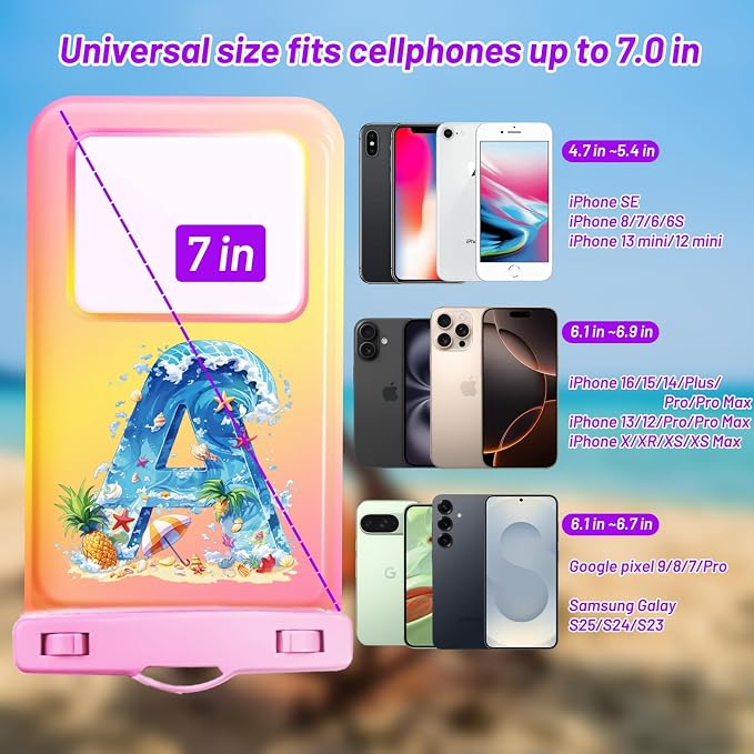 Personalized Initial Waterproof Phone Pouch Case - IPX8 Cellphone Dry Bag with Lanyard for iPhone 16/15/14/13/12 Pro Max (6.1–6.9"), Beach & Cruise Ship Essentials with Monogrammed Design (Pink, A)