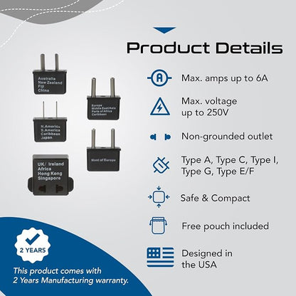 Ceptics International Worldwide Travel Plug Adapter 5 Piece Set, Great for Cell Phones, Battery Chargers, Laptops to Work in Most Countries | International Power Adapter Kit, Worldwide Compatibility, Compact Design, Included Travel Pouch, Works in Most...