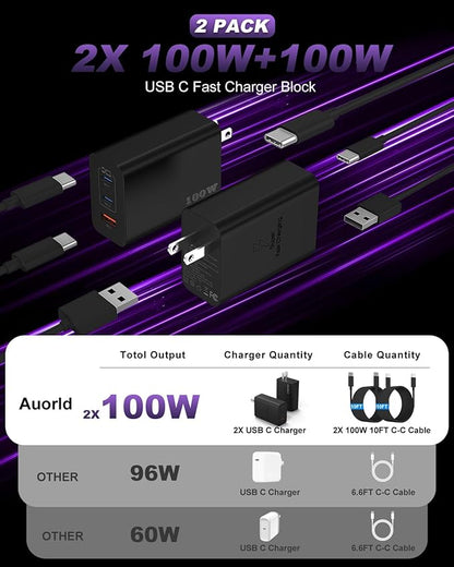 USB C Super Fast Phone Charger 100W, 65W GaN Type C Charger Fast Charging Block with 10ft USB C Charging Cable for Samsung Galaxy S26 Ultra/S26/S26+,MacBook Pro/Air,iPhone/iPad Pro[2 Pack]-Black