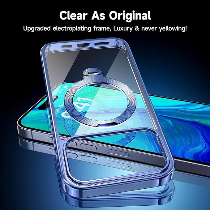 [Tri-Shield Protection] for iPhone 17 Pro Max Case with 360° Spin Stand Compatible with MagSafe [Magnetic CD Ring][Screen & Camera Lens Protector] Shockproof Plating Never-Yellowing, Blue-6.9"