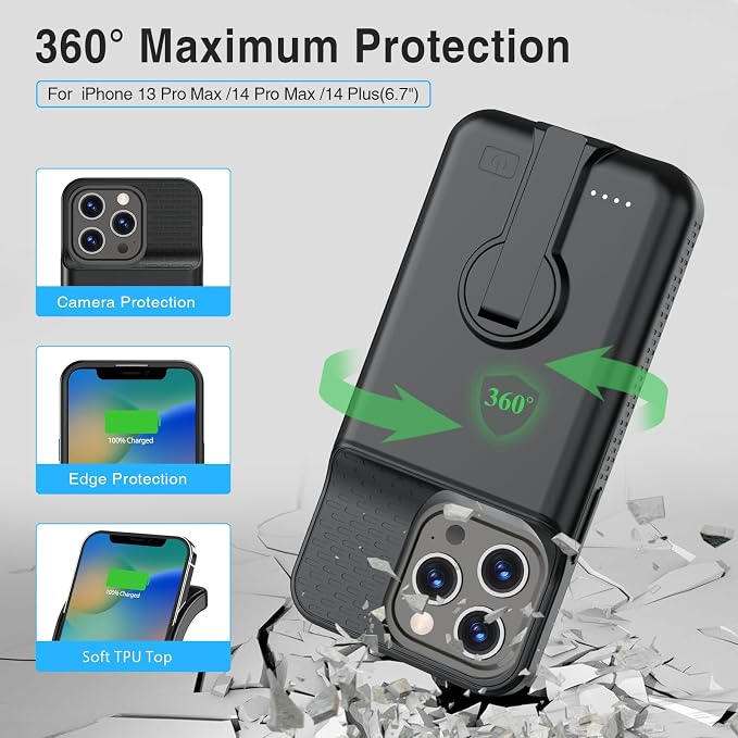 Battery Case for iPhone 13 Pro Max & 14 Pro Max & 14 Plus with Stand，Slim Powerful 8000mAh Portable Rechargeable Protective Extended Charger Cover for iPhone 13 pro max，14 pro max Charging case