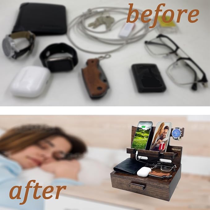 Gifts for Men Women Husband Son Boyfriend Him Nightstand Organizer Wood Phone Docking Station Birthday Gifts (Walnut) | Gifts for Men Women, Birthday Gifts