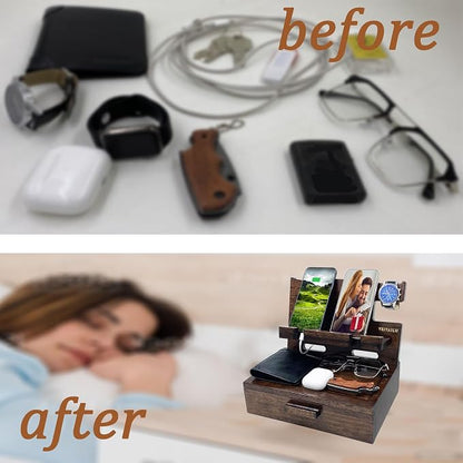 Gifts for Men Women Husband Son Boyfriend Him Nightstand Organizer Wood Phone Docking Station Birthday Gifts (Walnut) | Gifts for Men Women, Birthday Gifts