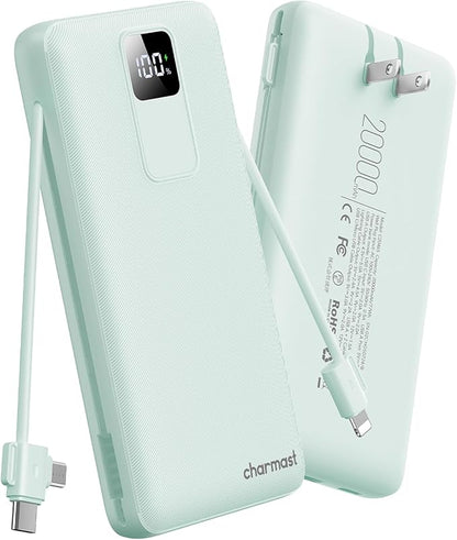 charmast Portable Charger with Built-in Cables and Wall Plug, 20000mAh 20W USB C Power Bank Fast Charging Battery Pack Compatible with iPhone iPhone 16/15/14/13 Series, Samsung Google iPad etc