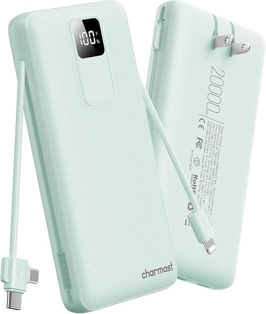 charmast Portable Charger with Built-in Cables and Wall Plug, 20000mAh 20W USB C Power Bank Fast Charging Battery Pack Compatible with iPhone iPhone 16/15/14/13 Series, Samsung Google iPad etc