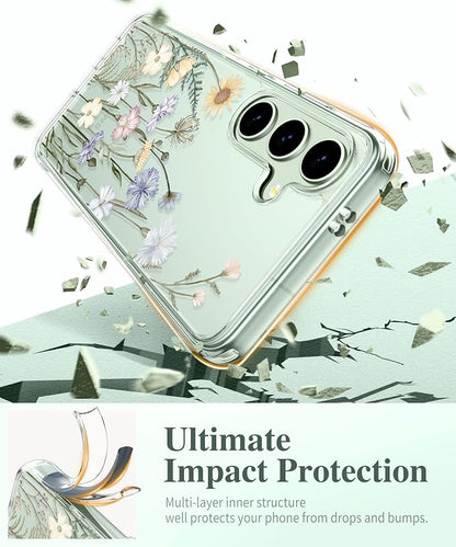 GVIEWIN for Samsung Galaxy S25 Case, Clear Floral Slim Shockproof Protective Women Phone Case, Non-Yellowing, with Screen Protector & Camera Lens Protector for Galaxy S25 6.2", Vibrant Spring