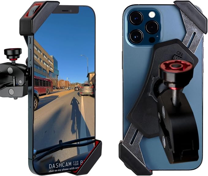 The dashcam.Bike Phone Mount: The Best Bicycle Phone Holder That Reduces Shake Without Blocking Your Camera [Extended-Range for Wide, Tapered, or Road Handlebars]