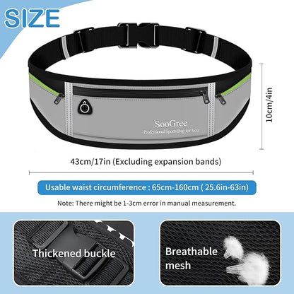 SooGree Slim Running Belt Sport Fanny Pack for Women Men,Reflective Waist Pack Runner Pouch Belt, Zipper Waterproof Running Phone Holder Jogging Pouch for Phone Money (GSP8806 top black/gray)
