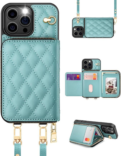 OCASE Compatible with iPhone 16 Pro Max Crossbody Wallet Case with Card Holder, PU Leather Zipper Handbag Phone Purse with RFID Blocking Kickstand Wrist Strap Lanyard 6.9 Inch, Diamond Check Green