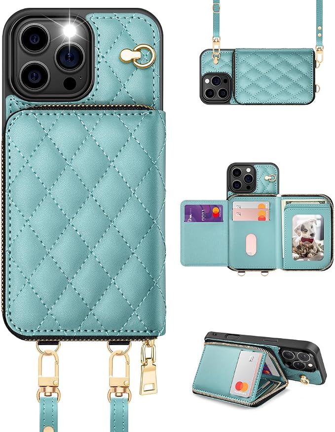 OCASE Compatible with iPhone 16 Pro Crossbody Wallet Case with Card Holder, PU Leather Zipper Handbag Phone Purse with RFID Blocking Kickstand Wrist Strap Lanyard 6.3 Inch, Diamond Check Green