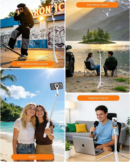 72'' Magnetic Selfie Stick Tripod for iPhone MagSafe – One-Click Open Stable Stand, Strong Magnetic Mount, 360° Rotation, Extendable Aluminum with Rechargeable Remote for Travel & Video Recording