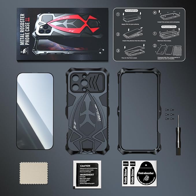 Armor Phone Case for iPhone 16 Pro Max Military Grade Cover 360 Full Protection Heavy Duty Hybrid Metal Bumper Built-in Silicone Shockproof with Screen Protector - Black