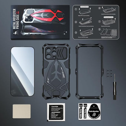Armor Phone Case for iPhone 16 Pro Max Military Grade Cover 360 Full Protection Heavy Duty Hybrid Metal Bumper Built-in Silicone Shockproof with Screen Protector - Black