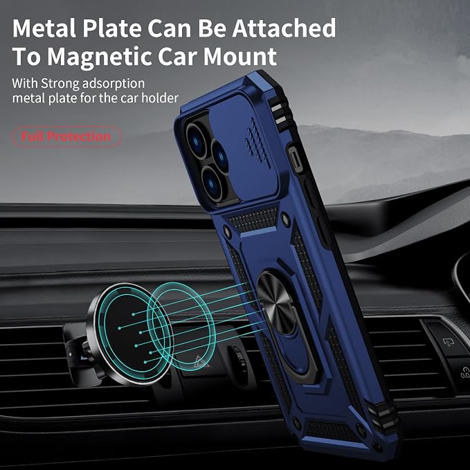 Weycolor for iPhone 13 Pro Case with Camera Lens Cover, HD Screen Protector, 10 FT Military Grade Drop Protection, Magnetic Ring Holder Kickstand Protective Phone Case for iPhone 13 Pro, Navy Blue