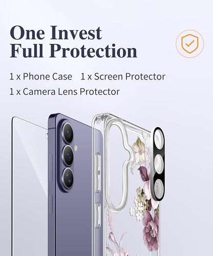 GVIEWIN for Samsung Galaxy S26 Case, Clear Floral Slim Shockproof Protective Women Phone Case, Non-Yellowing, with Screen Protector & Camera Lens Protector for Galaxy S26 6.3", Cherry Blossoms/Purple