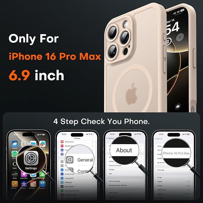 TOCOL Magnetic for 16 Pro Max Case, Upgraded Full Camera Protection, Compatible with Magsafe, 16FT Drop Protection, Translucent Matte Back Bumper Phone Cover for 16 ProMax 6.9-Inch（Desert）