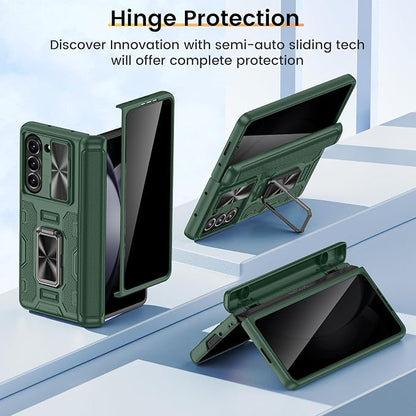 VEGO for Samsung Galaxy Z Fold 5 Case with Hinge Protection,Green | Full-Body Case Built-in Privacy Screen Protector, Slide Lens Cover, Ring Stand Shockproof Phone Case for Galaxy Fold 5