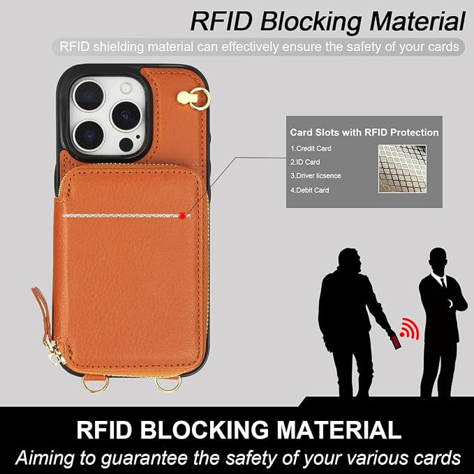 Bocasal Crossbody Wallet Case for iPhone 16 Pro, RFID Blocking Leather Purse Case with Card Holder, Protective Handbag Flip Cover with Zipper Wrist Strap Lanyard for Women 5G 6.3 Inch (Brown)