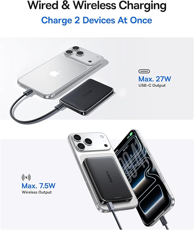 Baseus Picogo Power Bank, 0.5" Ultra Slim 10000mAh MagSafe Portable Charger, 27W Fast Charging Magnetic Battery Pack, Upgraded Polished Alloy Wireless Charger for iPhone 17 Pro Max/Air/16/15/14/13/12