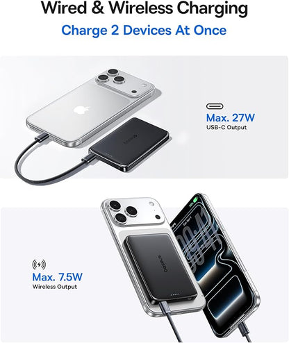 Baseus Picogo Power Bank, 0.5" Ultra Slim 10000mAh MagSafe Portable Charger, 27W Fast Charging Magnetic Battery Pack, Upgraded Polished Alloy Wireless Charger for iPhone 17 Pro Max/Air/16/15/14/13/12
