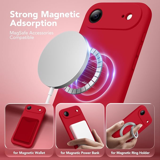Magnetic for iPhone Air Case, Compatible with MagSafe, [Full Camera Protection][Screen Protector] Silicone Shockproof Protective Phone Case for iPhone 17 Air 6.5", Deep Red