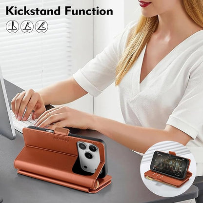 Antsturdy Compatible with iPhone 17 Pro Wallet Case Women,RFID Blocking PU Leather Phone Case Men Kickstand Flip Cover Wrist Strap Zipper Credit Card Holder Slots for Apple 17 Pro 6.3",Orange