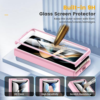 Caka Magnetic for Samsung Galaxy Z Fold 4 Case with Hinge Protection Pink | Compatible with MagSafe, Built-in Outer Screen Protector, Hinge Guard, Translucent Matte Back, 360° Hybrid Drop Defense