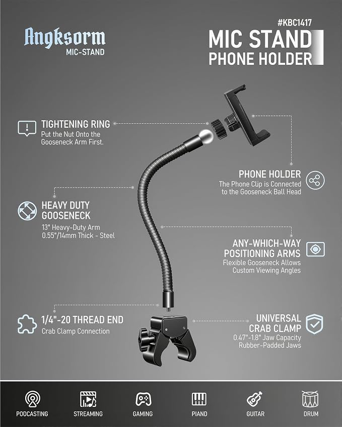 KBC1417 Mic Stand Phone Holder, Heavy-Duty Gooseneck Phone Holder with Super Clamp & Universal Phone Mount, Adjustable 360° Flexible Arm Clip for Mic Stand, Music Stand, Tripod, 13-INCH