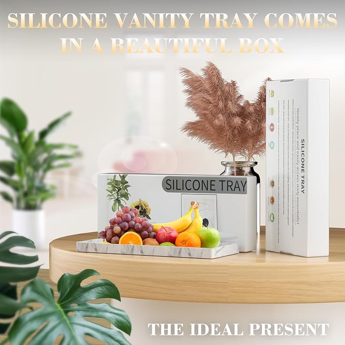 BBK Bathroom Vanity Tray - 2 Pack (7.8" and 11.8") Silicone Bathroom Trays for Counter, Perfume Key Trinket Ring Tray, Decor Soap Dispenser Countertop Tray for Kitchen Sink Organization (Marble Gray)